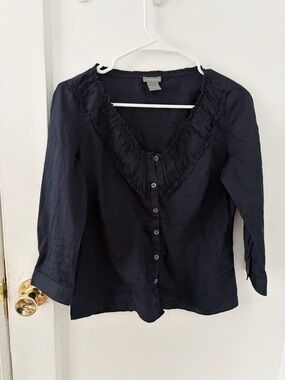 Ann Taylor Navy Ruffle V-Neck Button-Front Blouse